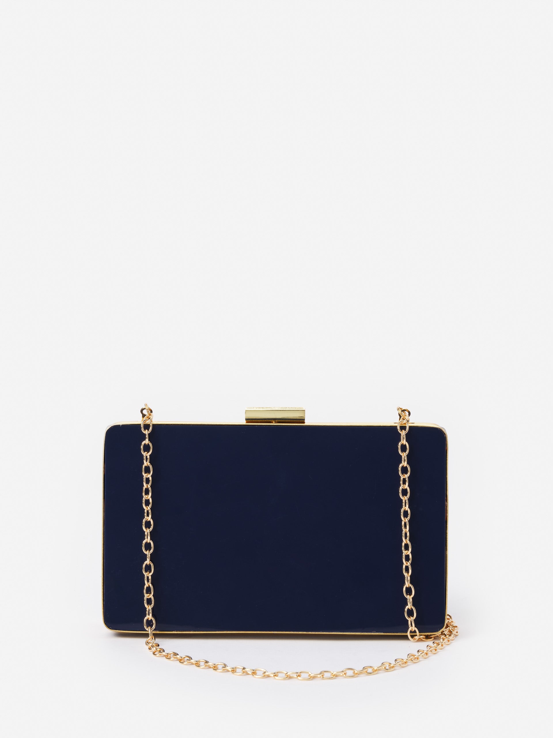 Audra Acrylic Clutch by J.McLaughlin features a sleek navy finish with a gold-tone chain, effortlessly stylish and crafted for enduring designs, a destination for defining style. Life, Well-Lived.