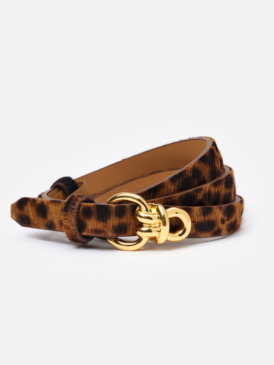 Natalie Pony Hair Belt in Leopard by J.McLaughlin, featuring a slim profile with signature gold knot hardware and sleek pony hair texture for stylish belts and dresses.