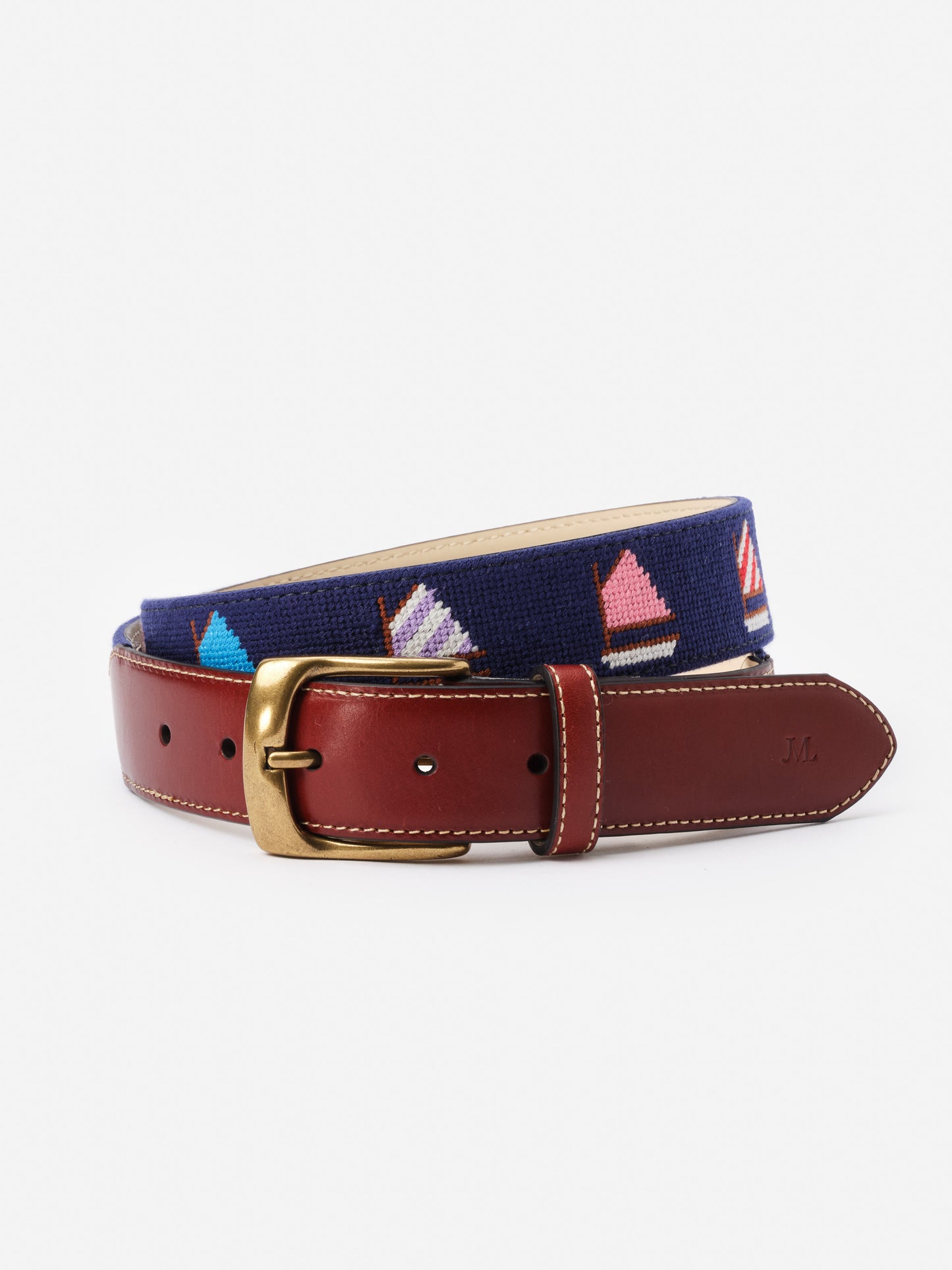 Needlepoint Belt in Sailboat by J.McLaughlin featuring classic leather and detailed sailboat needlepoint design, effortlessly stylish with enduring designs for a life well-lived.
