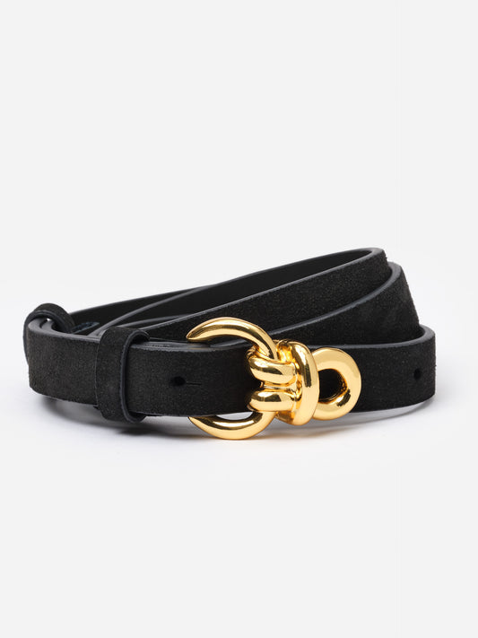 Black Natalie Suede Belt by J.McLaughlin with a slim profile and signature gold knot hardware, designed for a refined, timeless style across various outfits.