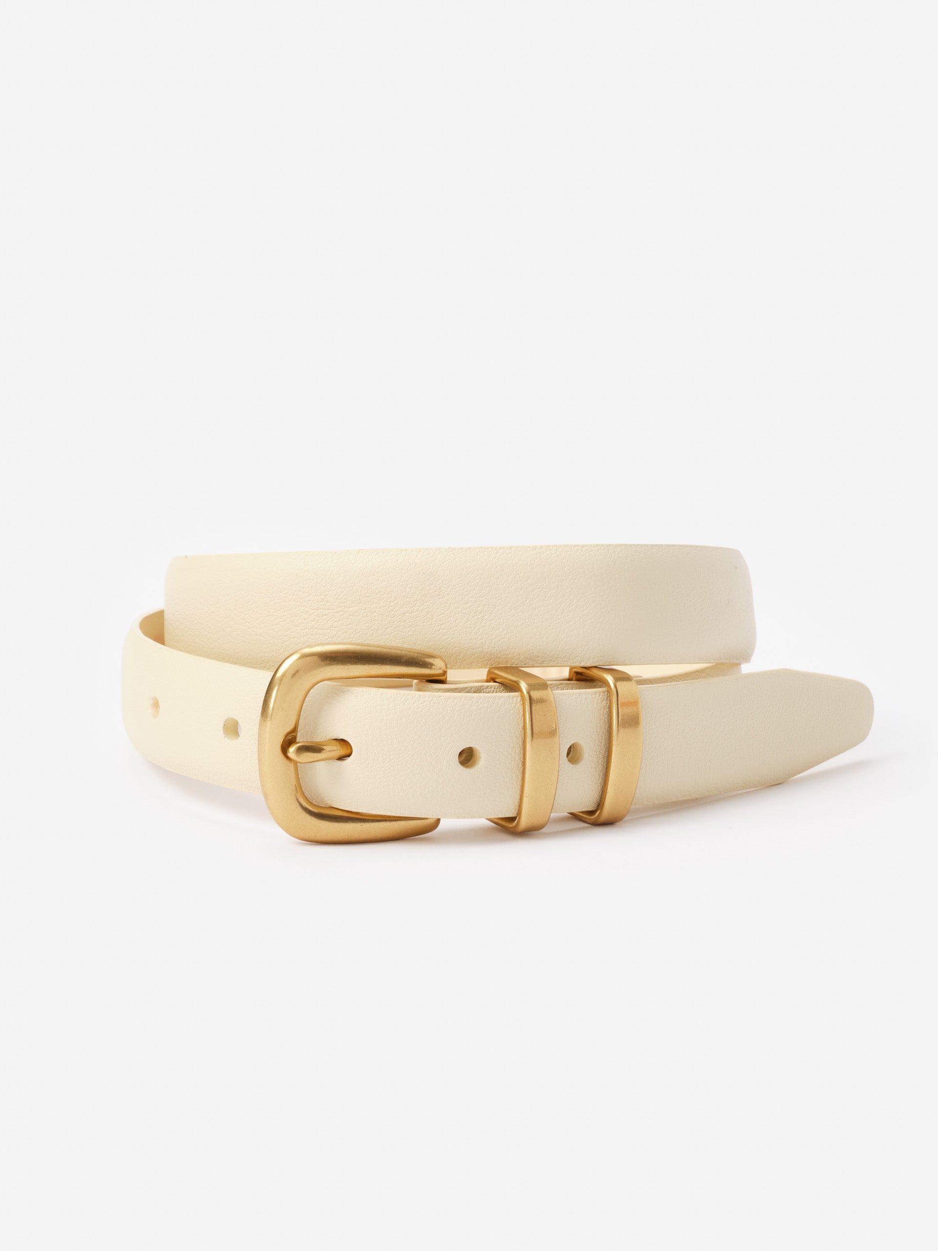 Khloe Leather Belt by J.McLaughlin in a soft cream shade, featuring a polished gold buckle for an effortlessly stylish accessory with enduring designs in premium leather.