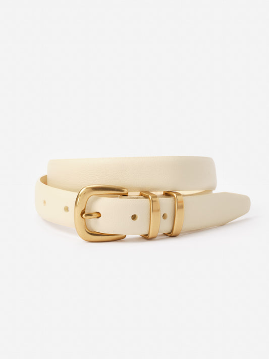 Khloe Leather Belt by J.McLaughlin in a soft cream shade, featuring a polished gold buckle for an effortlessly stylish accessory with enduring designs in premium leather.
