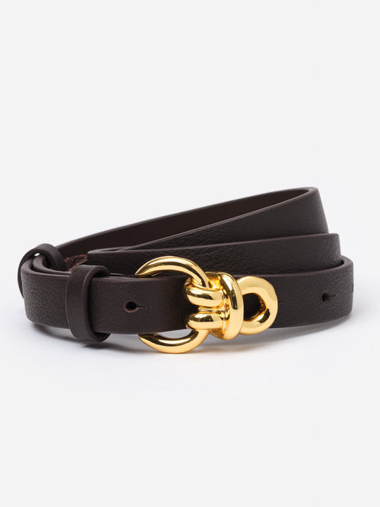Natalie Leather Belt from J.McLaughlin in dark brown leather featuring a slim profile and distinctive shiny gold knot hardware, combining classic style with enduring craftsmanship.