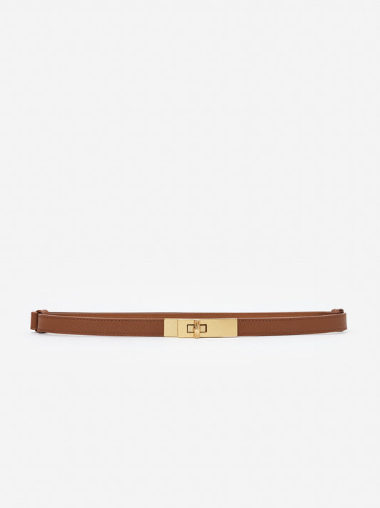Liv Leather Belt in rich brown leather with gold-tone clasp by J.McLaughlin, showcasing effortlessly stylish, enduring designs and innovative fabrics for a legacy of timeless fashion.