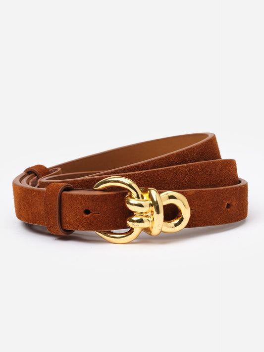 Natalie Suede Belt in rich brown suede with signature gold knot hardware, crafted by J.McLaughlin for an effortlessly stylish, timeless accessory.