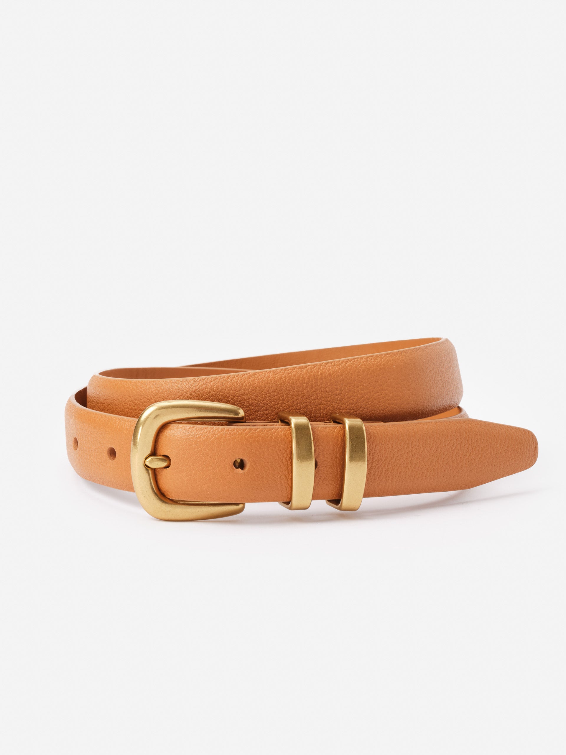 Khloe Leather Belt by J.McLaughlin features a classic tan leather design with gold-toned buckle accents, embodying effortlessly stylish and enduring designs, a destination for defining style. Life, Well-Lived.