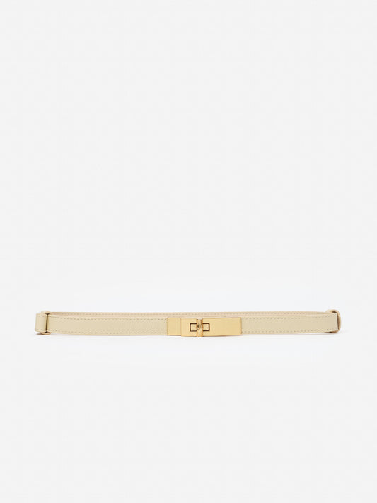 Elegant Liv Leather Belt in soft beige with gold-tone buckle from J.McLaughlin, showcasing effortlessly stylish, enduring designs with a legacy of timeless fashion. A destination for defining style. Life, Well-Lived.