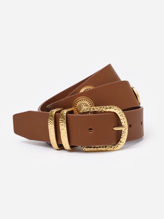 Kendall Leather Medalion Belt by J.McLaughlin featuring a classic brown leather design with textured gold buckle and detailing, perfect for jeans and trousers.