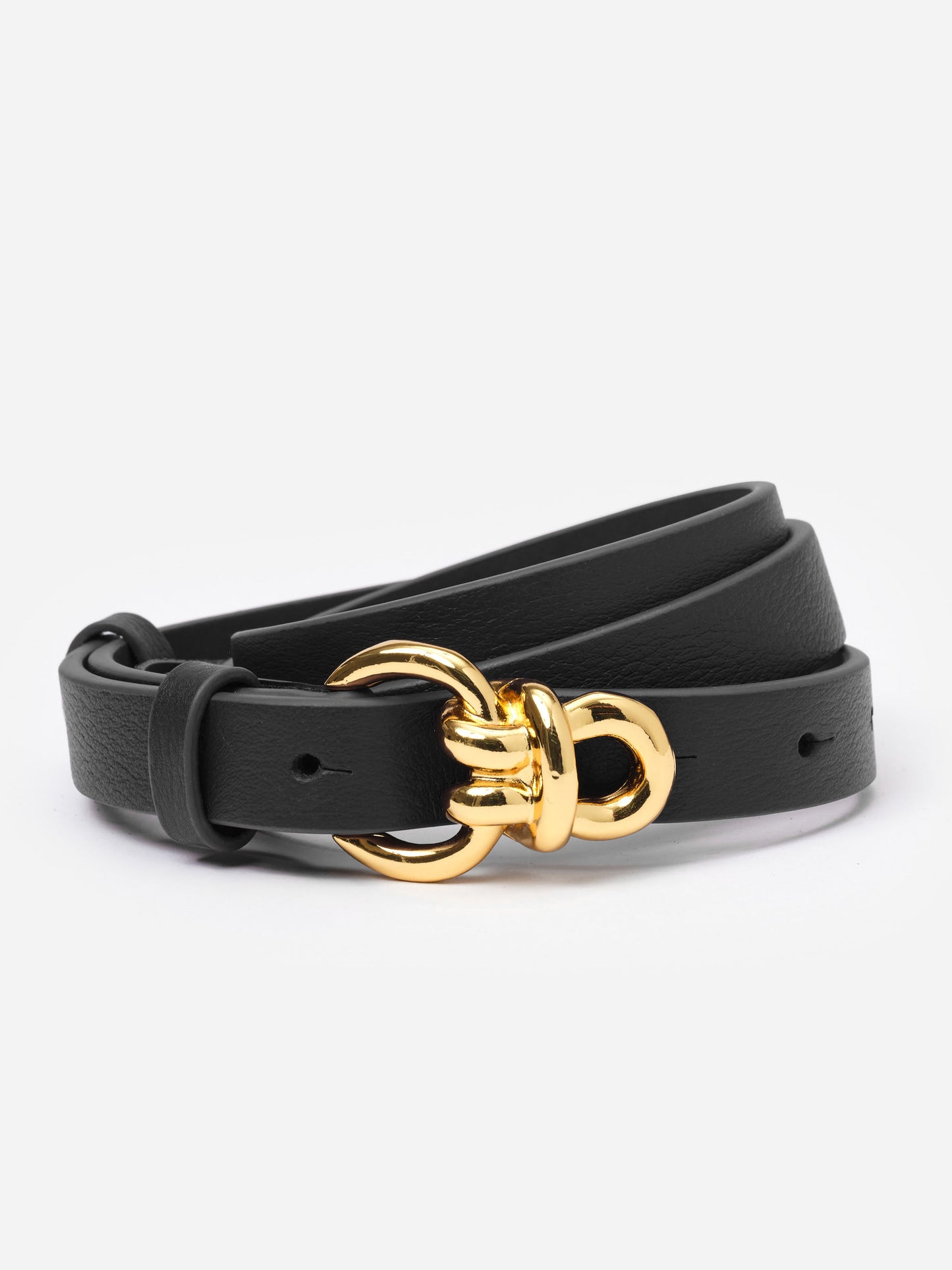 Natalie Leather Belt by J.McLaughlin featuring a slim black leather design with signature gold knot hardware, combining timeless style and impeccable craftsmanship.