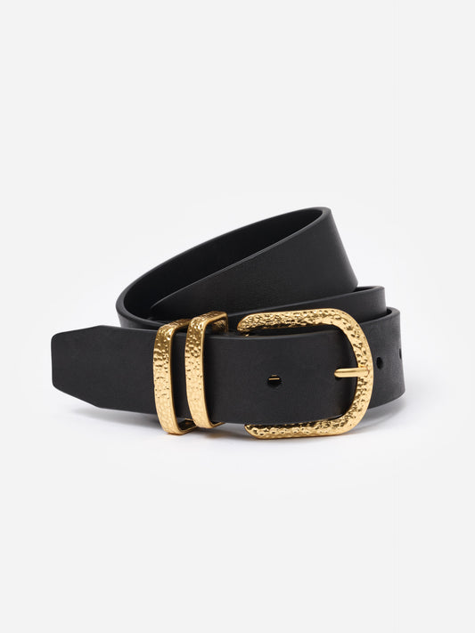 Kendall Leather Belt by J.McLaughlin in black leather with hammered gold buckle and loops, a stylish and enduring accessory for jeans and trousers.