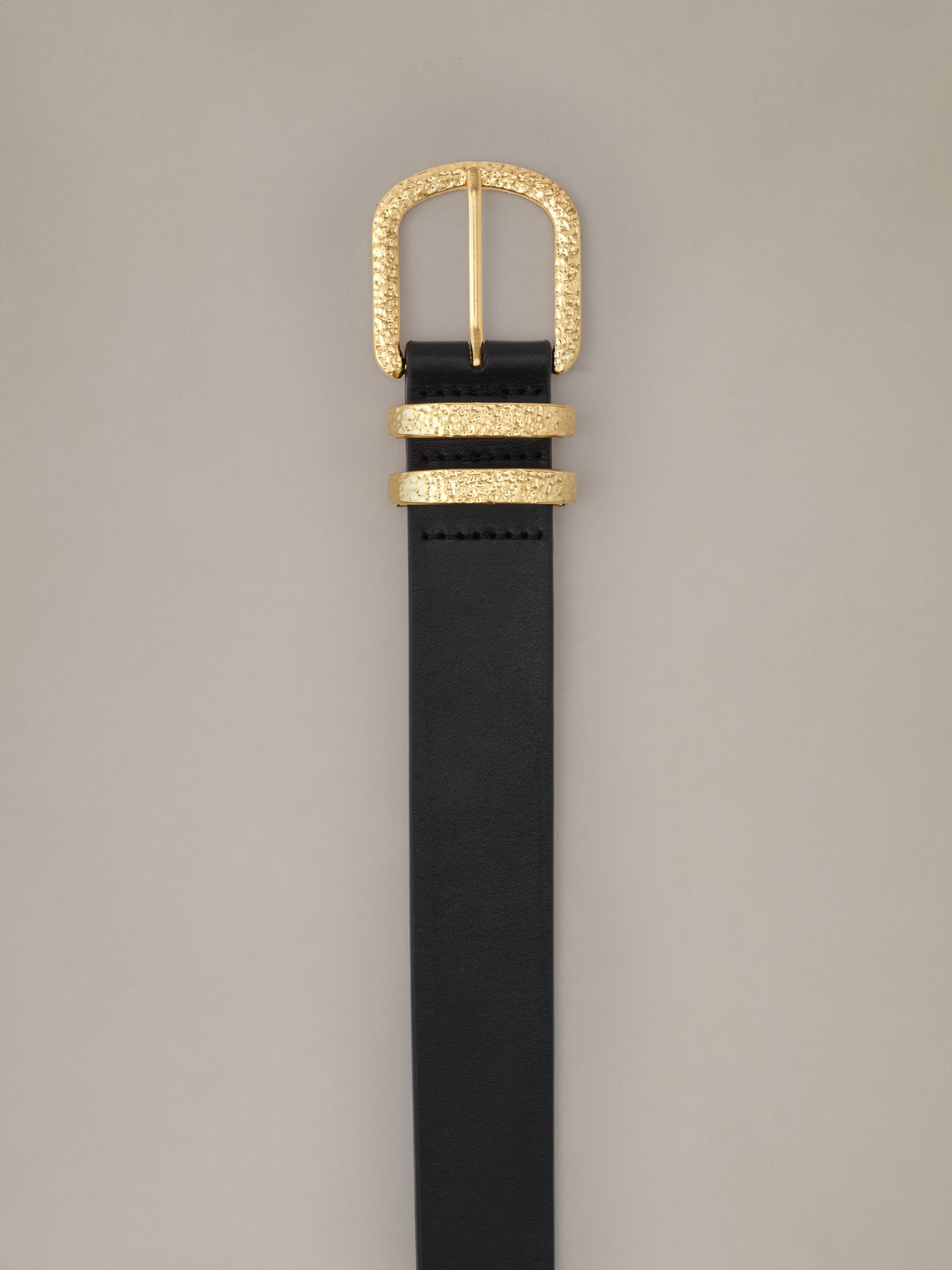 J.McLaughlin Kendall Leather Belt in black leather with textured gold buckle for polished everyday styling with jeans and trousers