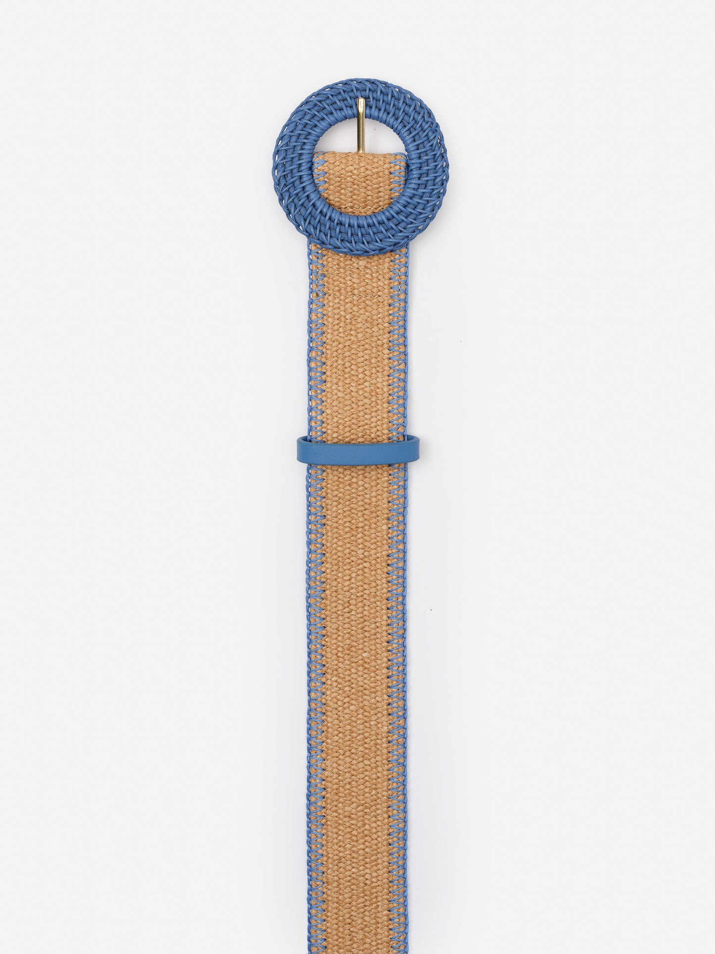 Popie Grasscloth Belt by J.McLaughlin features a natural woven design with a blue woven circular buckle and trim, effortlessly stylish and crafted for enduring designs.