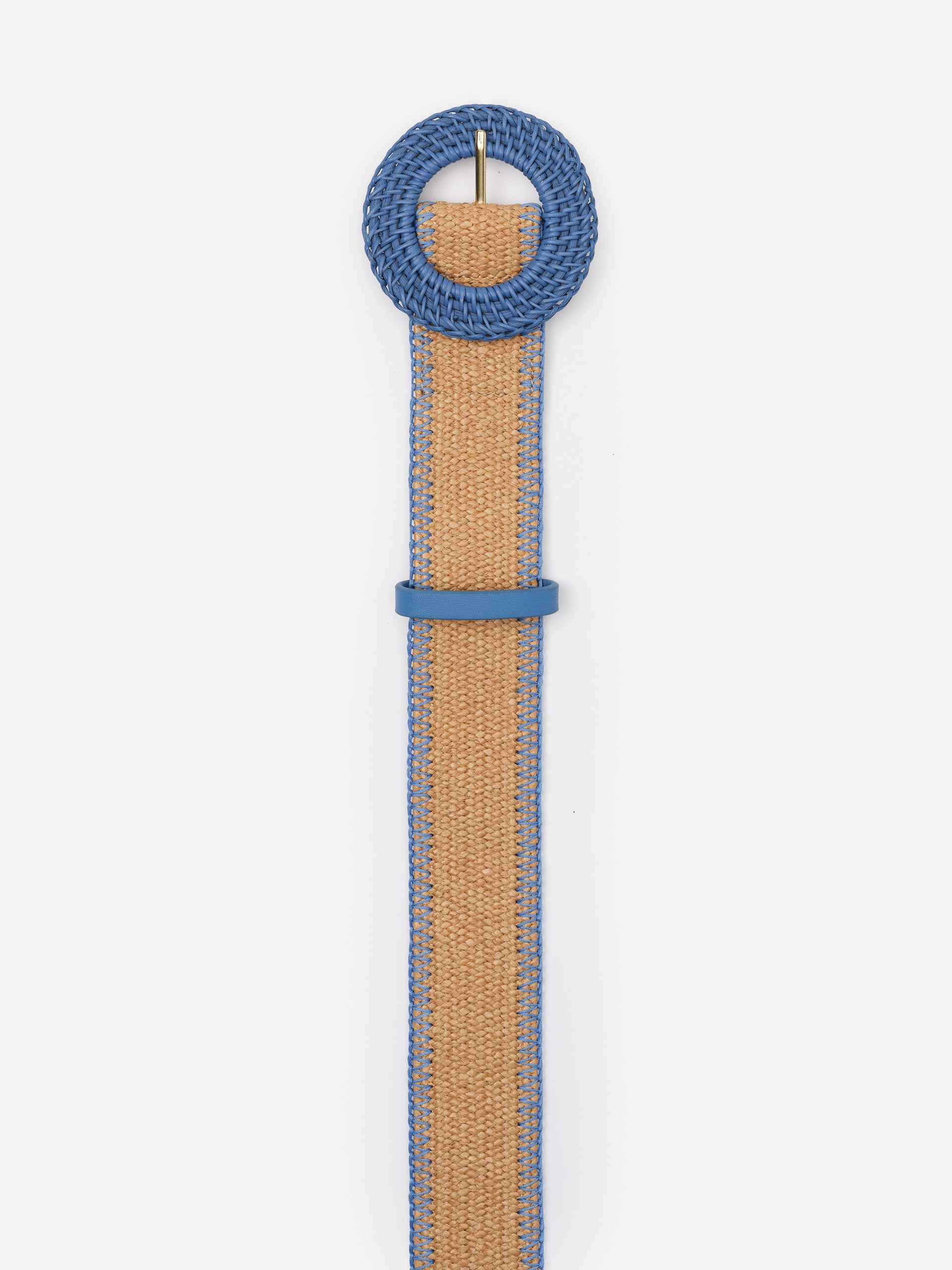 Popie Grasscloth Belt by J.McLaughlin features a natural woven design with a blue woven circular buckle and trim, effortlessly stylish and crafted for enduring designs.