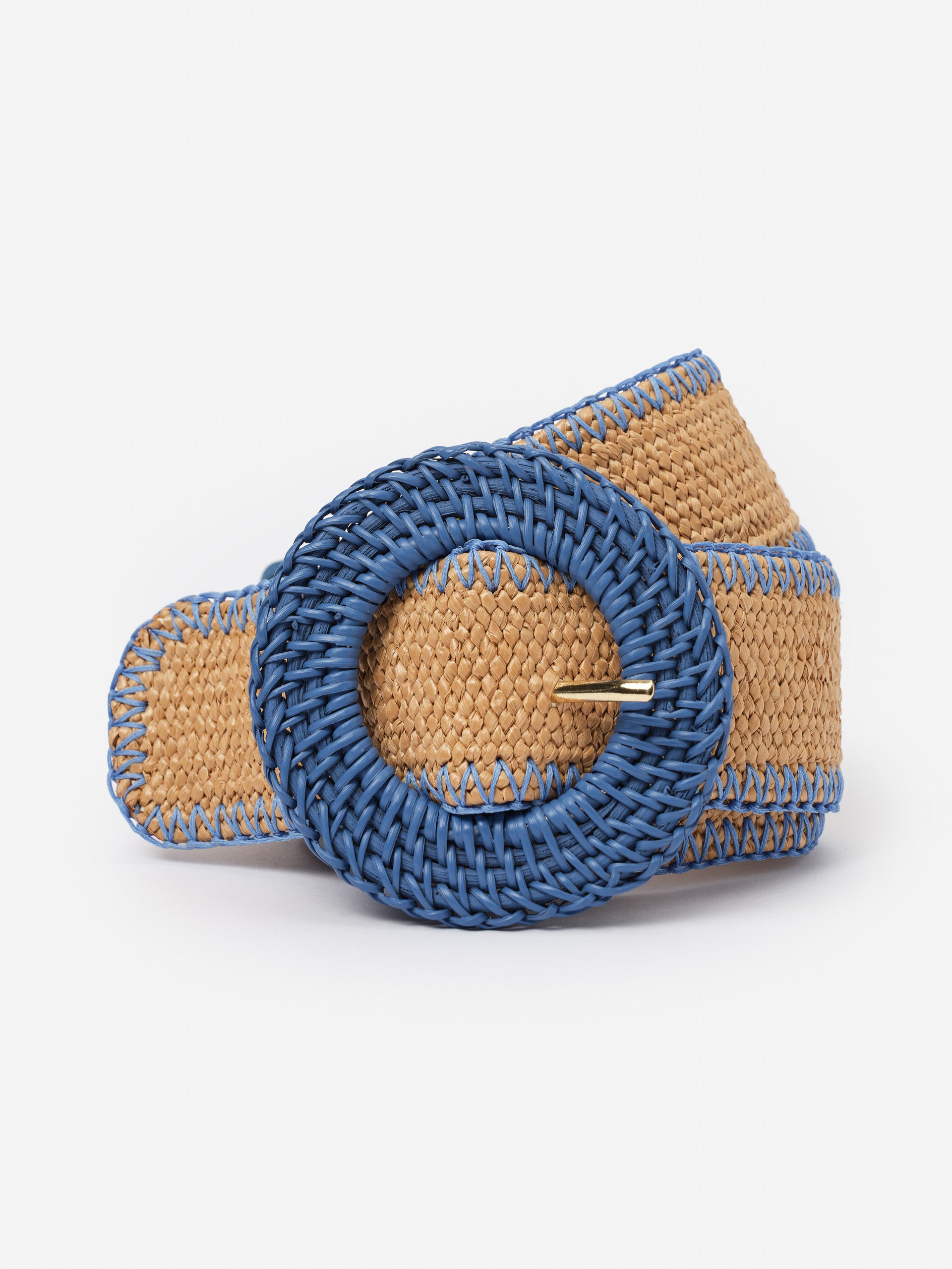 Popie Grasscloth Belt by J.McLaughlin features a woven natural fiber design with a bold blue circular buckle, blending innovative fabrics with effortlessly stylish, enduring designs.