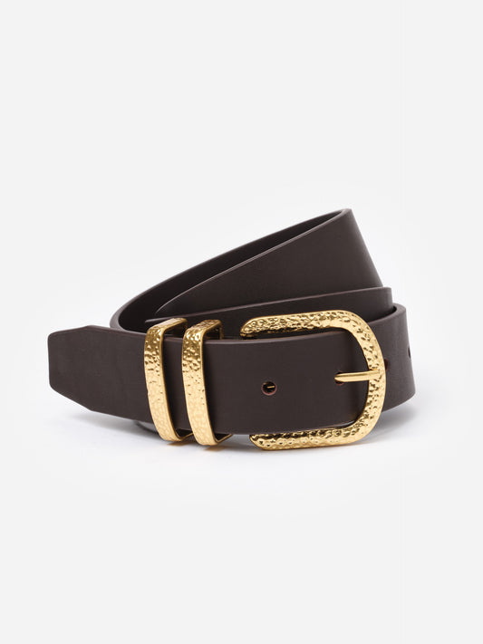 Kendall Leather Belt by J.McLaughlin featuring rich dark leather and a textured gold buckle, combining classic style with enduring craftsmanship for versatile wear.