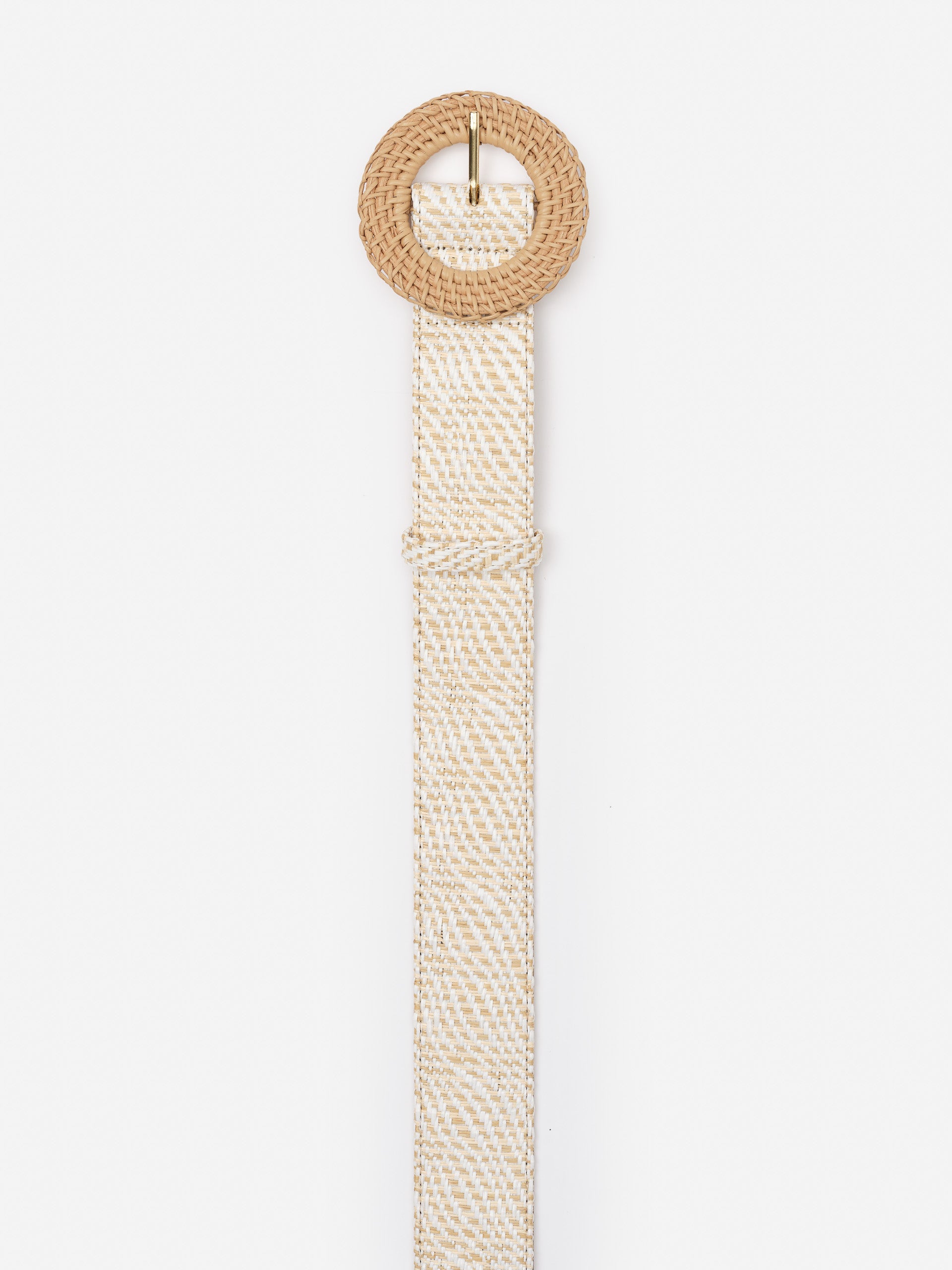 Popie Grasscloth Belt in Zebra by J.McLaughlin features an effortlessly stylish woven grasscloth texture with a round rattan buckle, showcasing enduring designs and innovative fabrics. A destination for defining style. Life, Well-Lived.
