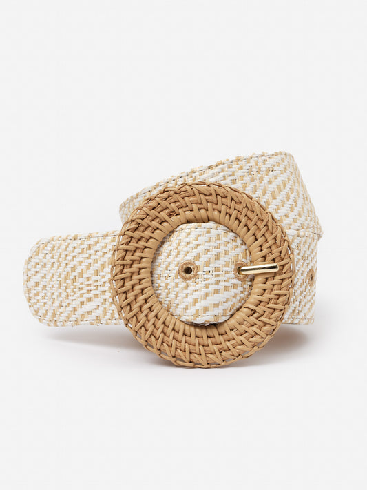 Popie Grasscloth Belt in Zebra by J.McLaughlin features an effortlessly stylish woven design with a natural grasscloth texture and a round wicker buckle, embodying enduring designs and innovative fabrics in a legacy of timeless fashion. A destination for defining style. Life, Well-Lived.