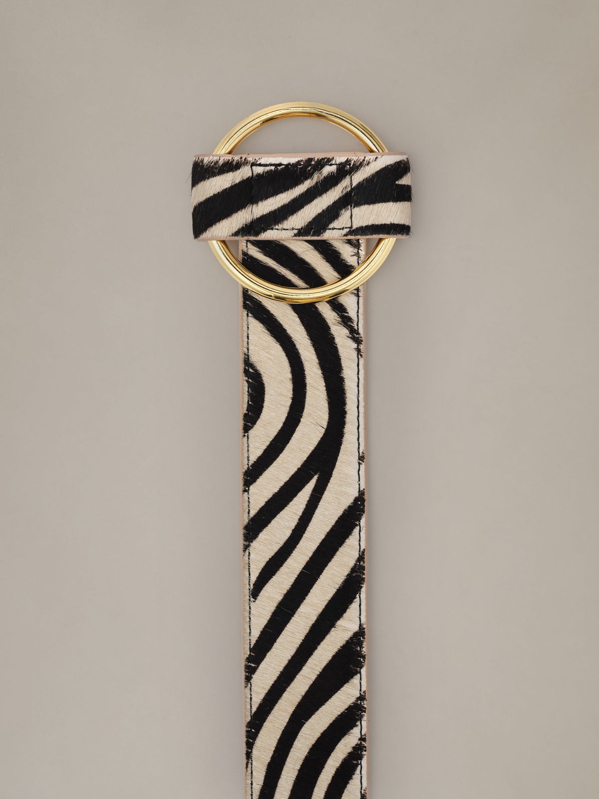 Amelia Pony Hair Belt in Zebra Stripes by J.McLaughlin featuring bold black and ivory stripes with a polished gold ring closure for effortless styling