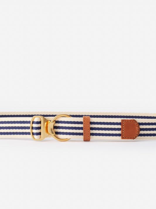 Mini Isobel Canvas Belt in Stripe by J.McLaughlin features navy and cream stripes with gold hardware and leather accents, offering effortlessly stylish, enduring designs and innovative fabrics.