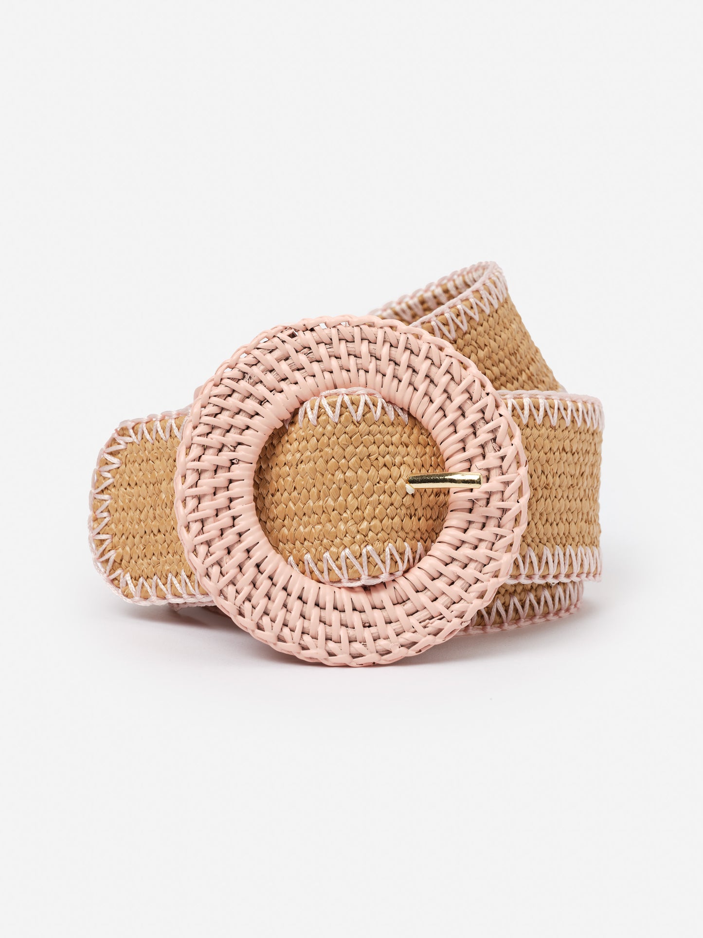 Popie Grasscloth Belt by J.McLaughlin, featuring a natural woven texture with a blush round buckle, effortlessly stylish and crafted for enduring designs with innovative fabrics. A destination for defining style. Life, Well-Lived.