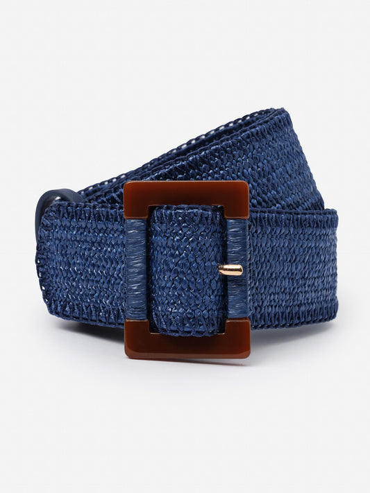 Margot Grasscloth Belt in deep navy blue by J.McLaughlin, featuring a woven texture and a classic buckle, combining effortlessly stylish, enduring design with innovative fabric.