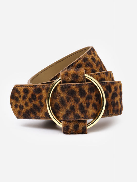 Amelia Pony Hair Belt in Leopard by J.McLaughlin featuring a wide silhouette with a smooth gold circular buckle, crafted from leopard-print pony hair for effortless style.