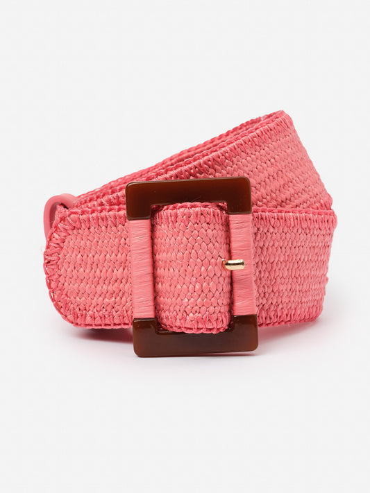 Margot Grasscloth Belt by J.McLaughlin in a vibrant pink woven design with a glossy rectangular buckle, blending effortlessly stylish appeal with enduring designs and a legacy of timeless fashion. A destination for defining style. Life, Well-Lived.