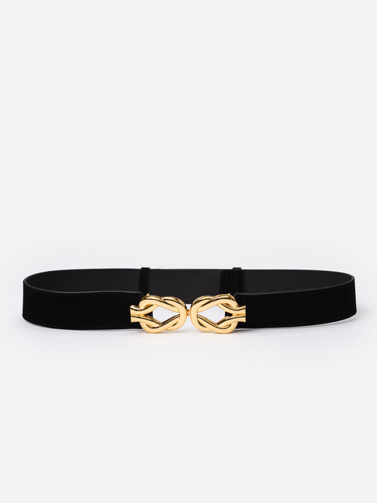 Eliza Suede Belt by J.McLaughlin featuring a black suede strap with a distinctive interlocking gold buckle, combining timeless style with modern elegance.