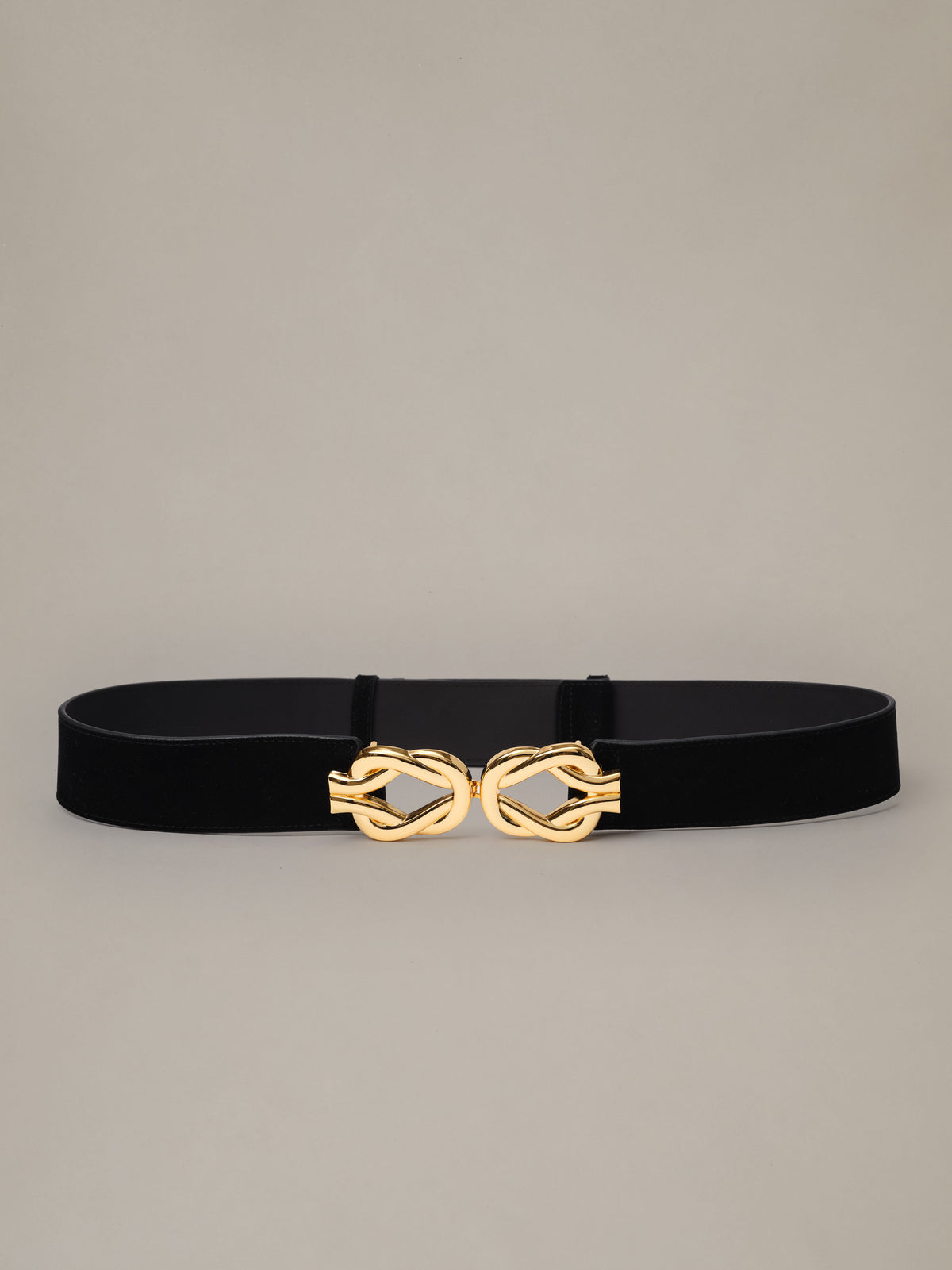 Eliza Suede Belt by J.McLaughlin in black suede with an elegant interlocking gold buckle for a distinguished timeless look
