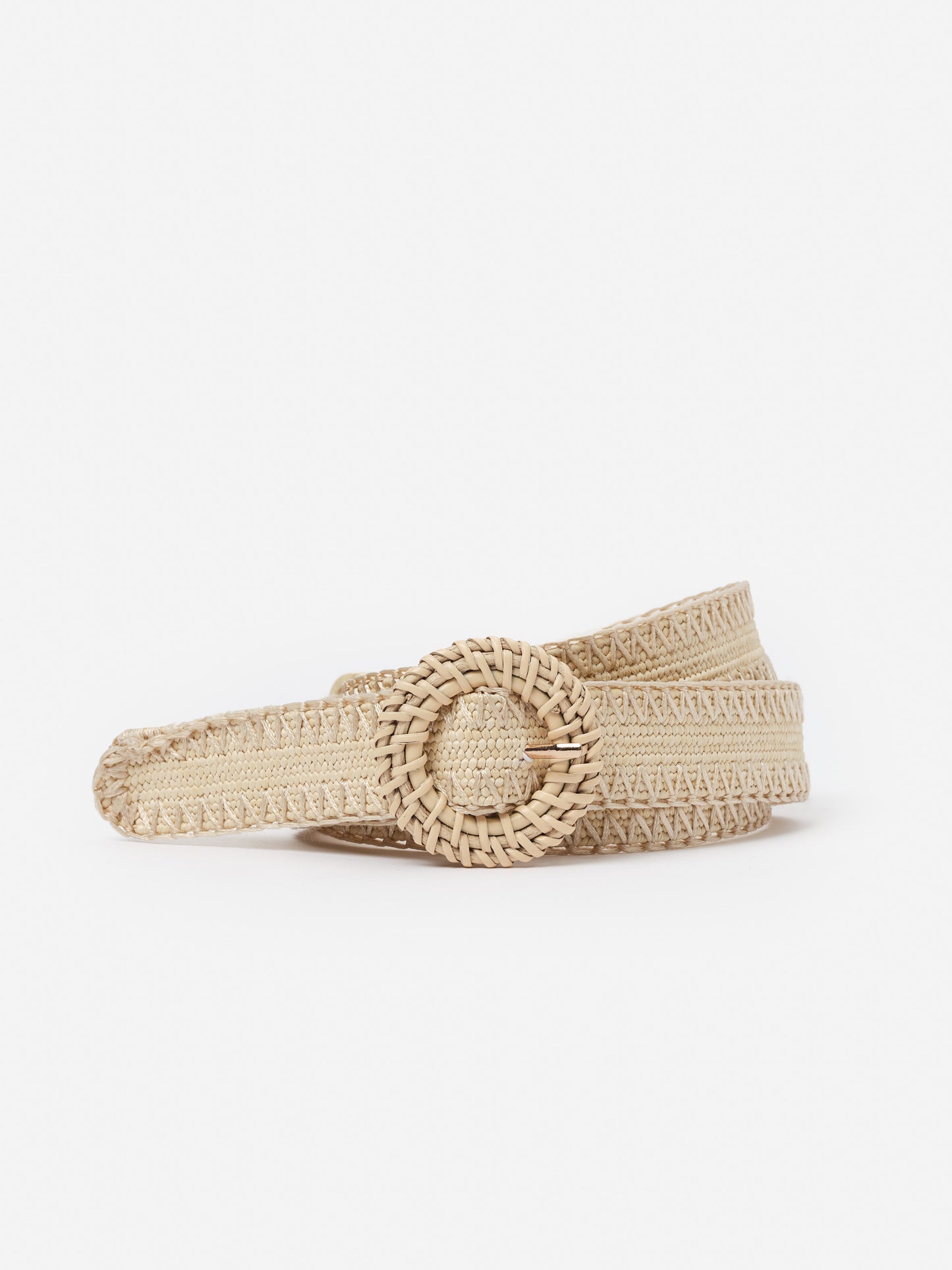 Mini Popie Grasscloth Belt by J.McLaughlin features an effortlessly stylish woven design with a circular buckle, showcasing innovative fabrics and enduring designs for a legacy of timeless fashion. A destination for defining style. Life, Well-Lived.