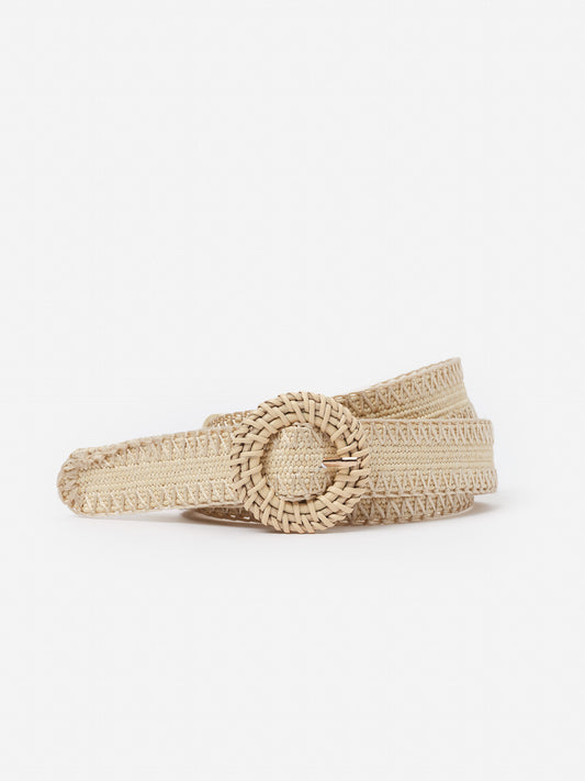 Mini Popie Grasscloth Belt by J.McLaughlin features an effortlessly stylish woven design with a circular buckle, showcasing innovative fabrics and enduring designs for a legacy of timeless fashion. A destination for defining style. Life, Well-Lived.