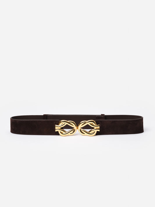 Eliza Suede Belt by J.McLaughlin featuring rich dark brown suede and an interlocking gold buckle, combining enduring style with impeccable craftsmanship.
