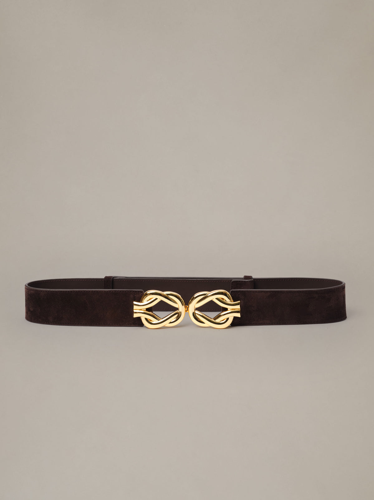 Eliza Suede Belt by J.McLaughlin featuring a rich brown suede band and elegant interlocking gold buckle for a timeless statement style.