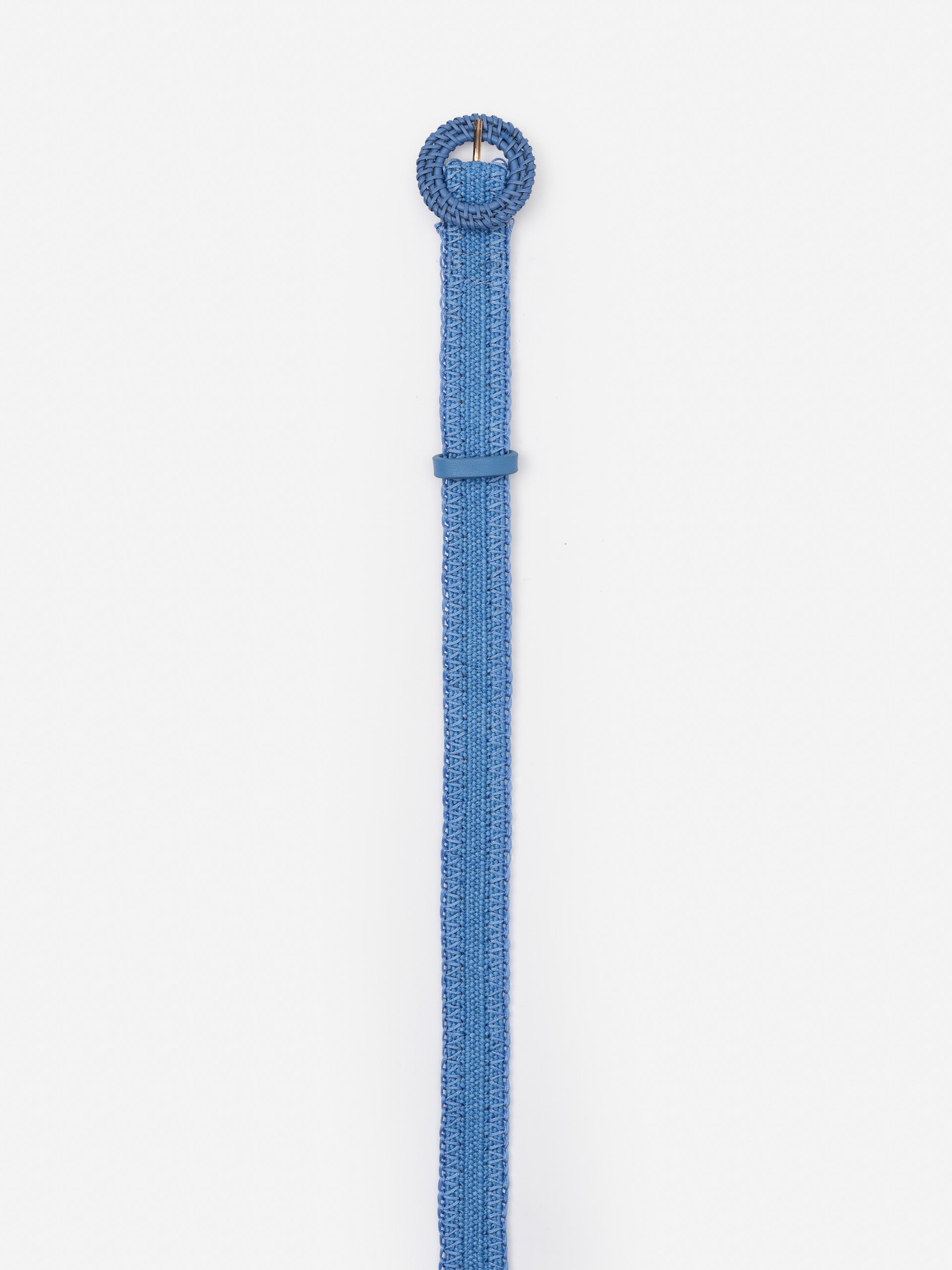 Mini Popie Grasscloth Belt by J.McLaughlin in blue, featuring a woven texture and a round buckle, effortlessly stylish with enduring designs and innovative fabrics for a legacy of timeless fashion. A destination for defining style. Life, Well-Lived.