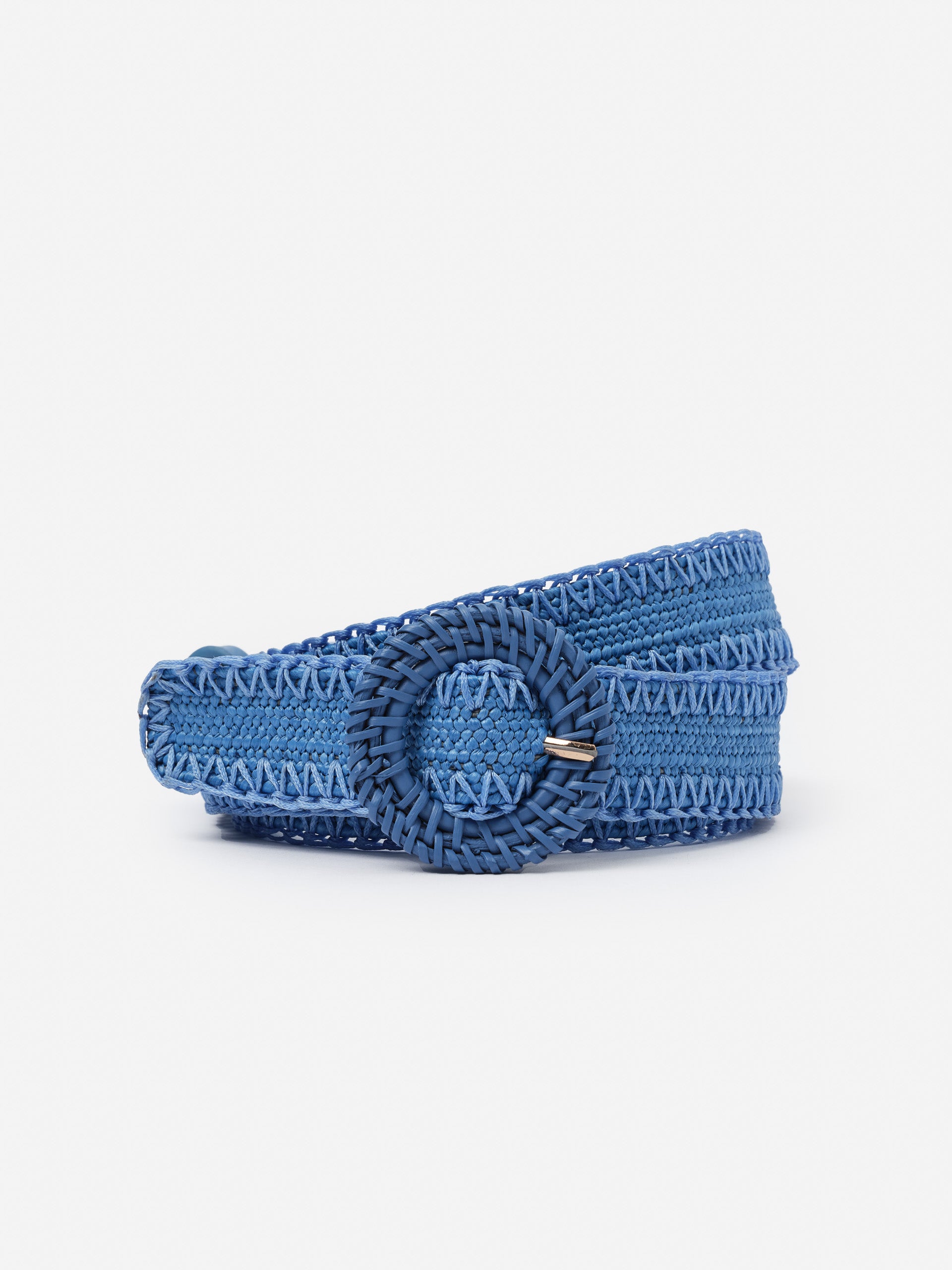 Mini Popie Grasscloth Belt by J.McLaughlin in blue, featuring an intricately woven design and round buckle, showcasing effortlessly stylish, enduring designs.