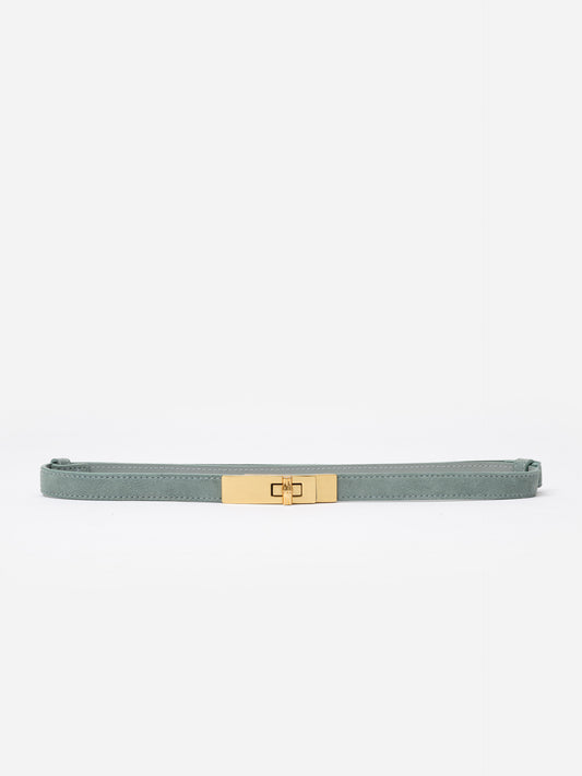 Liv Suede Belt by J.McLaughlin featuring soft green suede and a polished gold turn-lock buckle, blending effortless style with timeless craftsmanship for jeans or dresses.