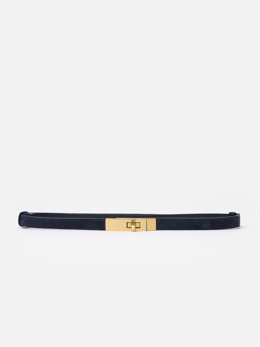 Liv Suede Belt by J.McLaughlin in navy suede featuring a polished gold turn-lock buckle, designed for versatile style with jeans or dresses.
