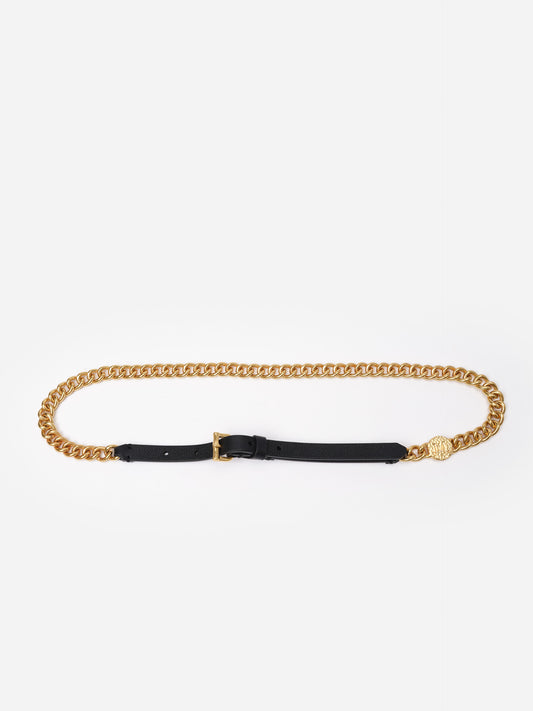 Nelly Chain Belt by J.McLaughlin featuring polished gold chain links and black leather strap, a stylish accessory for dresses, jackets, and tops.