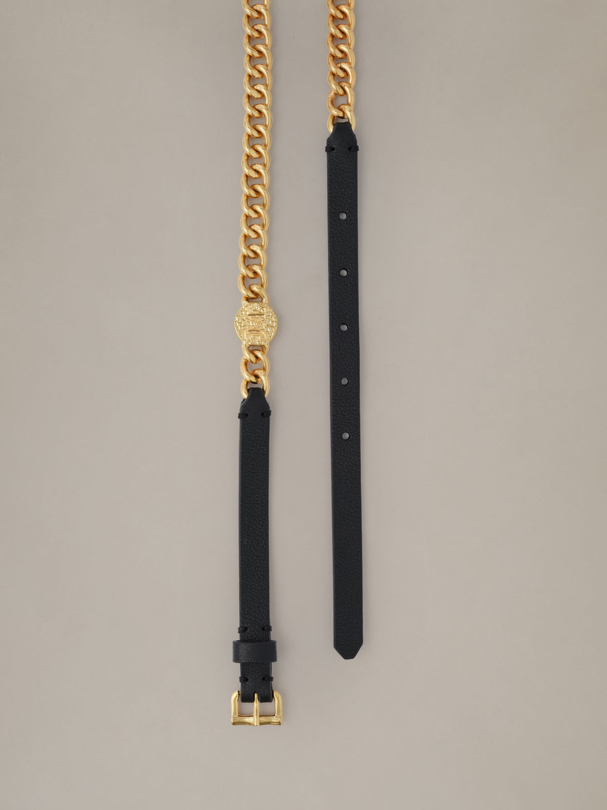 Nelly Chain Belt by J.McLaughlin in black leather with polished gold chain links and a buckle for elegant waist styling
