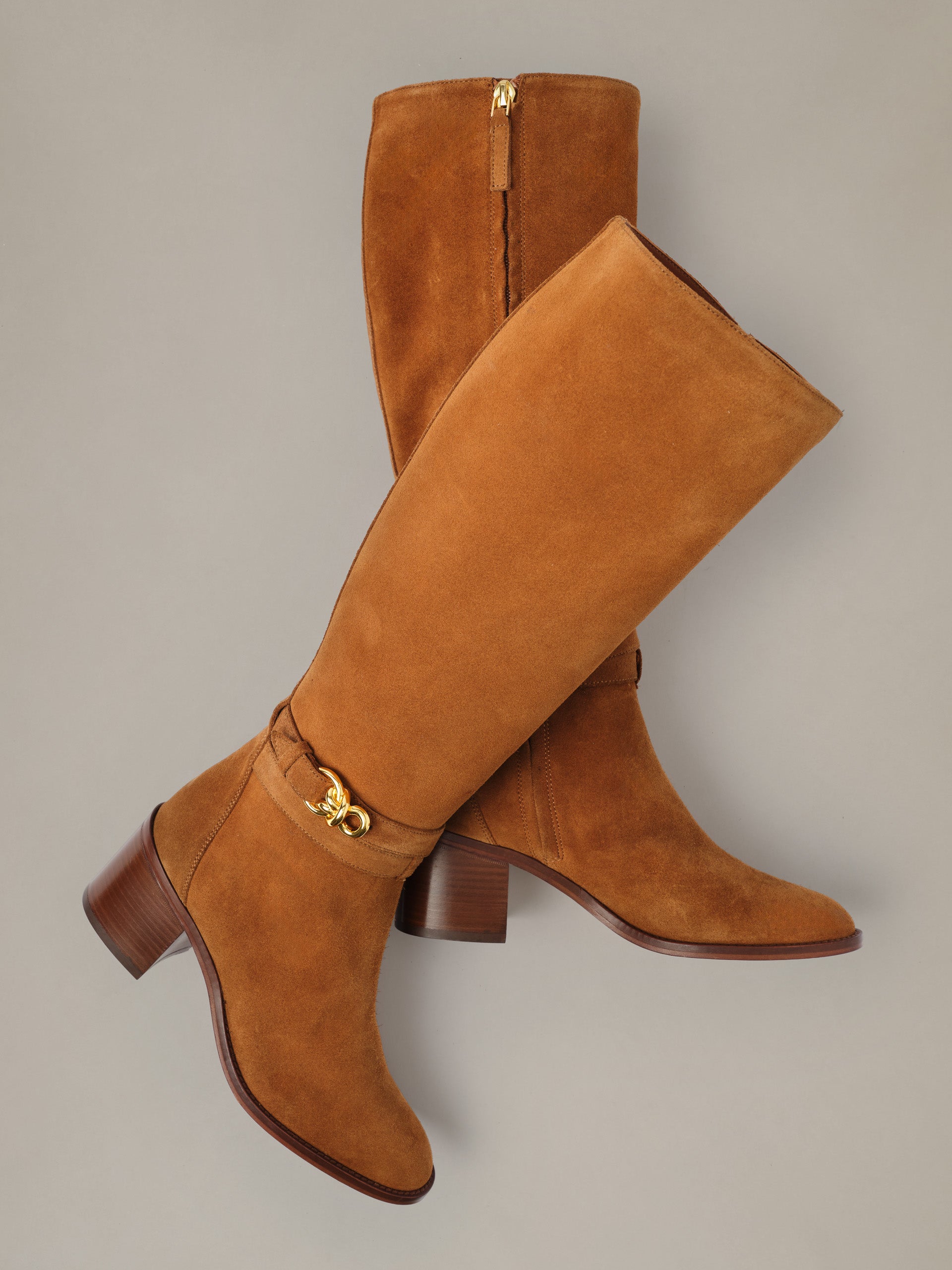 Addison Suede Boots in rich brown suede with stacked wooden heels and bamboo zipper pull by J McLaughlin