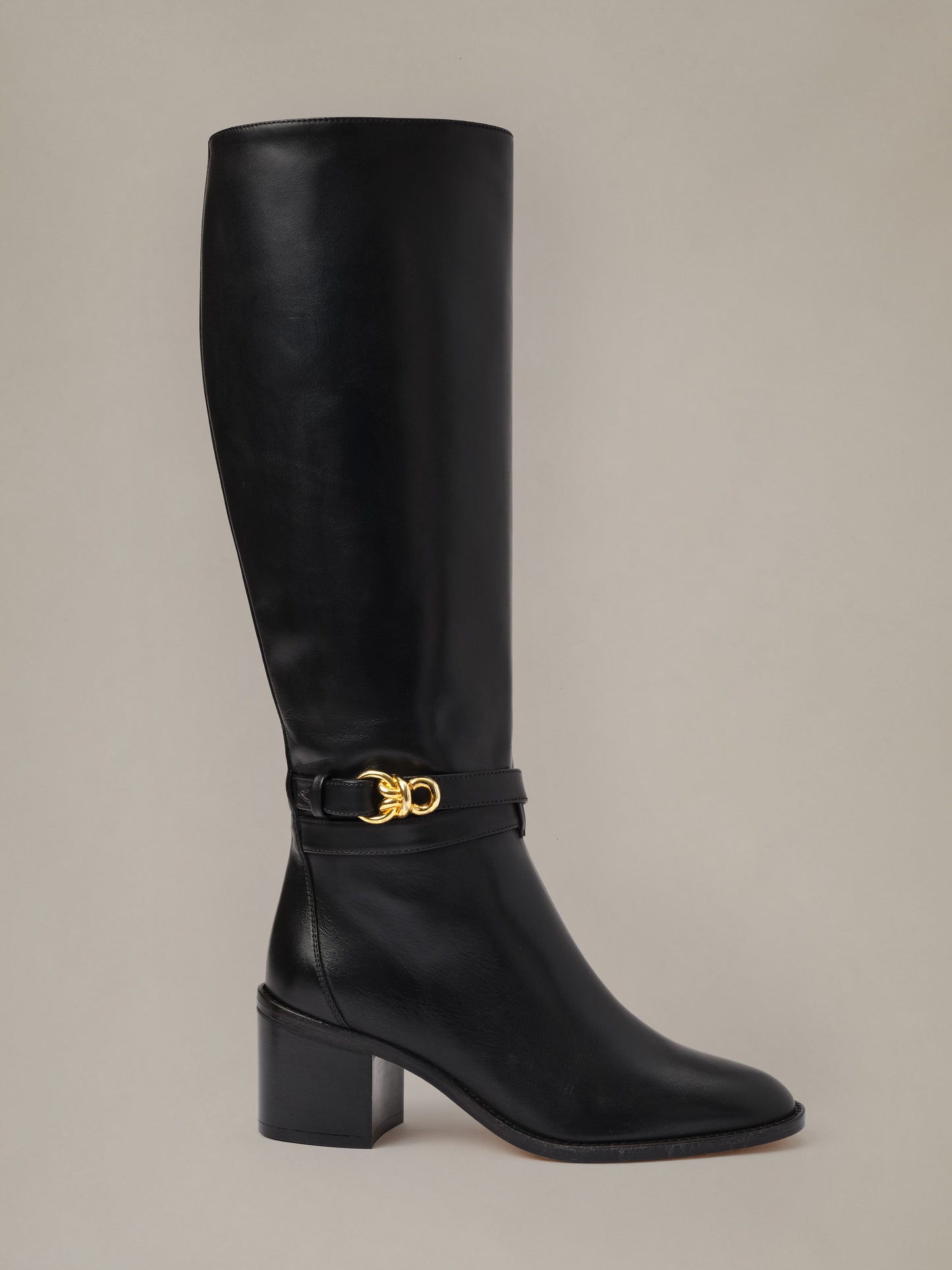 Addison Leather Boots by J.McLaughlin in smooth black leather with a tall shaft gold buckle detail and stacked block heel