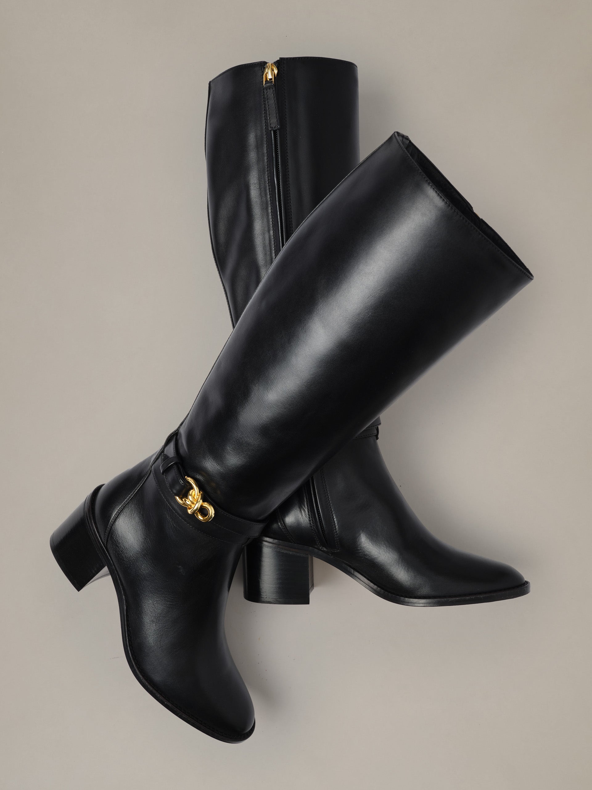 Addison Leather Boots by J.McLaughlin in black leather with stacked wooden heels and signature bamboo zipper pulls styled together