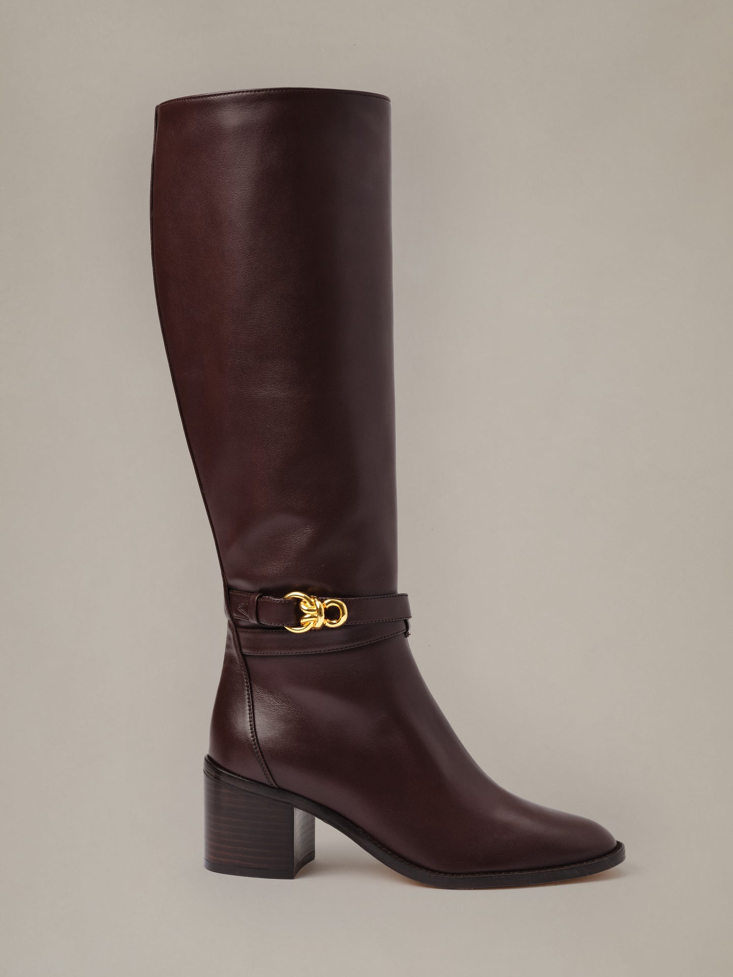 J.McLaughlin Addison Leather Boots in rich brown leather with a tall shaft stacked heel and elegant gold buckle detail