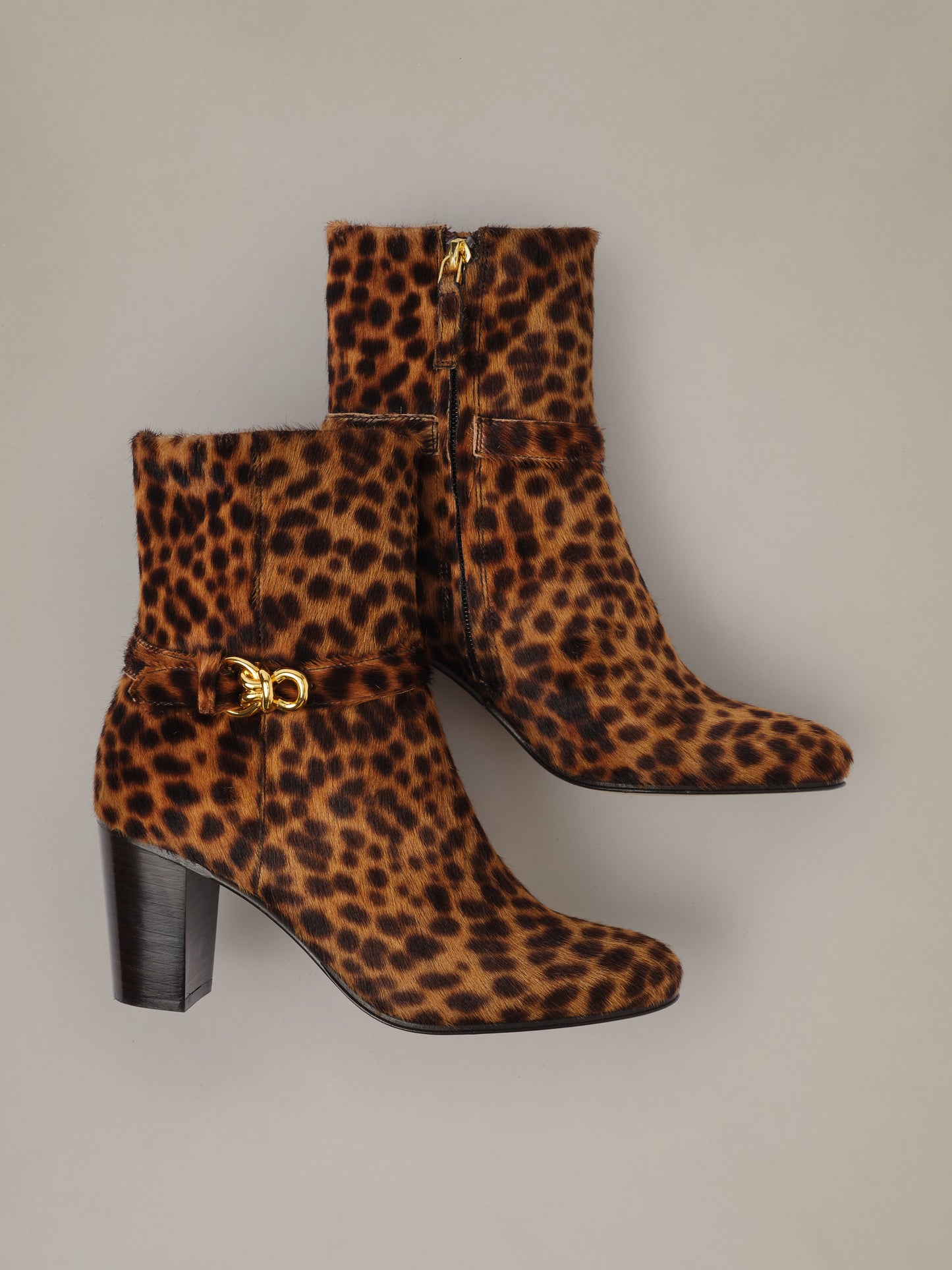 Elle Pony Hair Ankle Boots in Leopard by J.McLaughlin featuring stacked heels and signature gold hardware for timeless everyday style