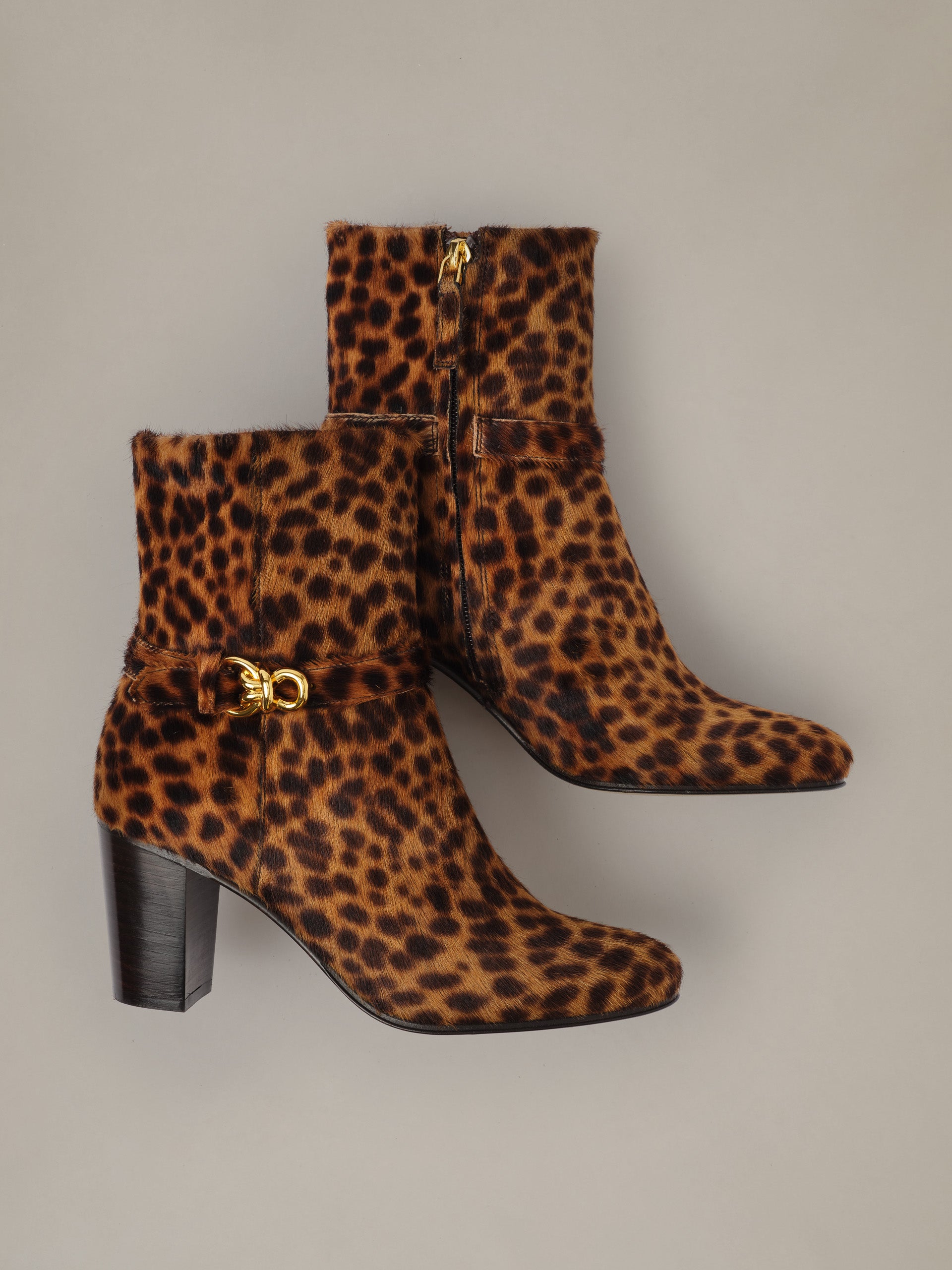 Elle Pony Hair Ankle Boots in Leopard by J.McLaughlin featuring stacked heels and signature gold hardware for timeless everyday style