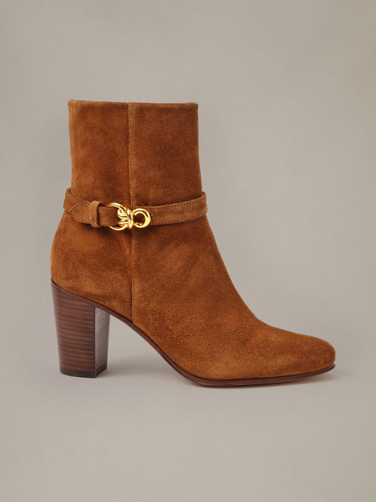 Elle Suede Ankle Boots by J.McLaughlin in rich brown suede with a stacked heel and gold buckle detail