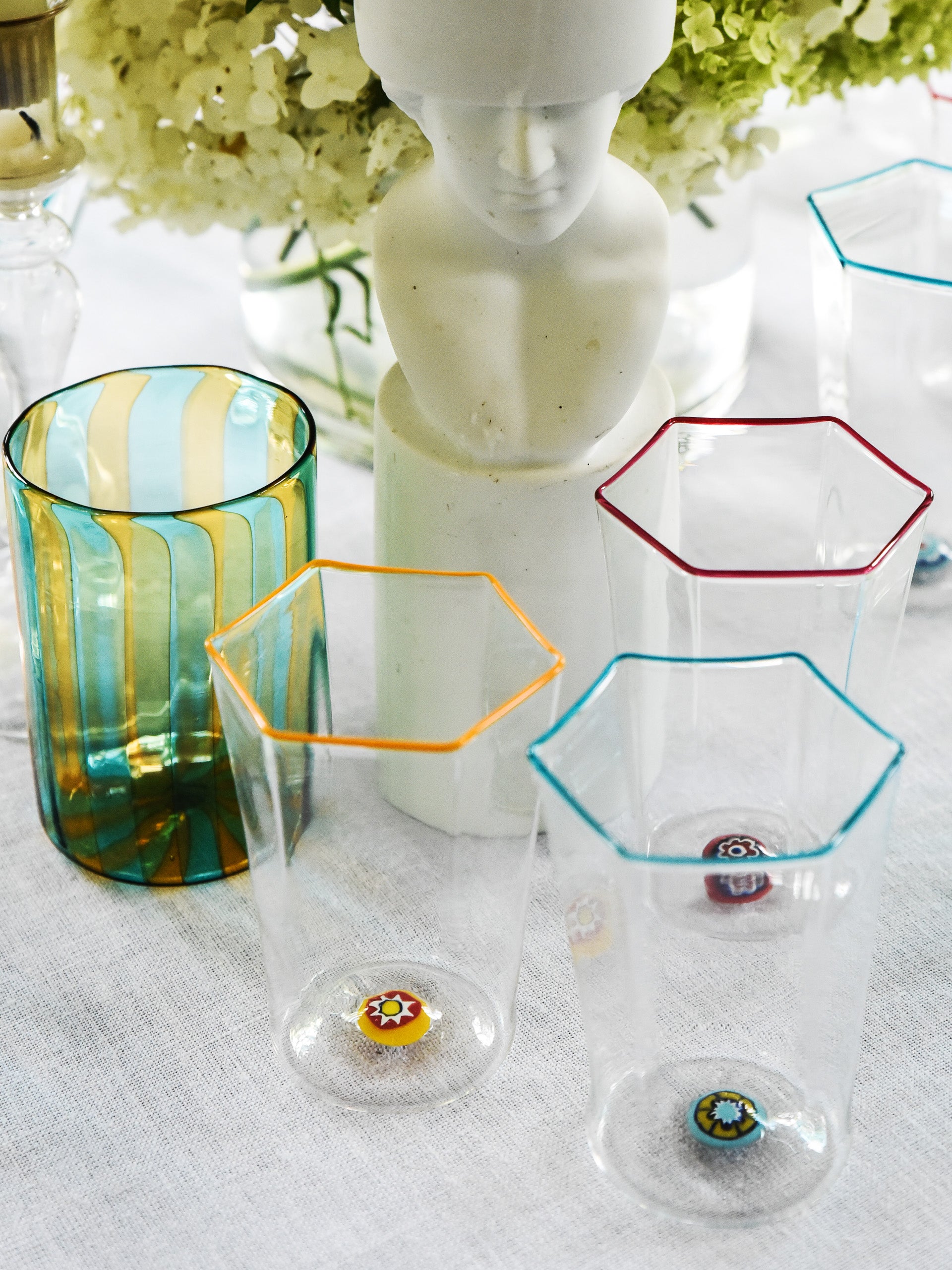 J.McLaughlin Hexagonal Glass in Murrina Ruby Red Rim made with glass. 