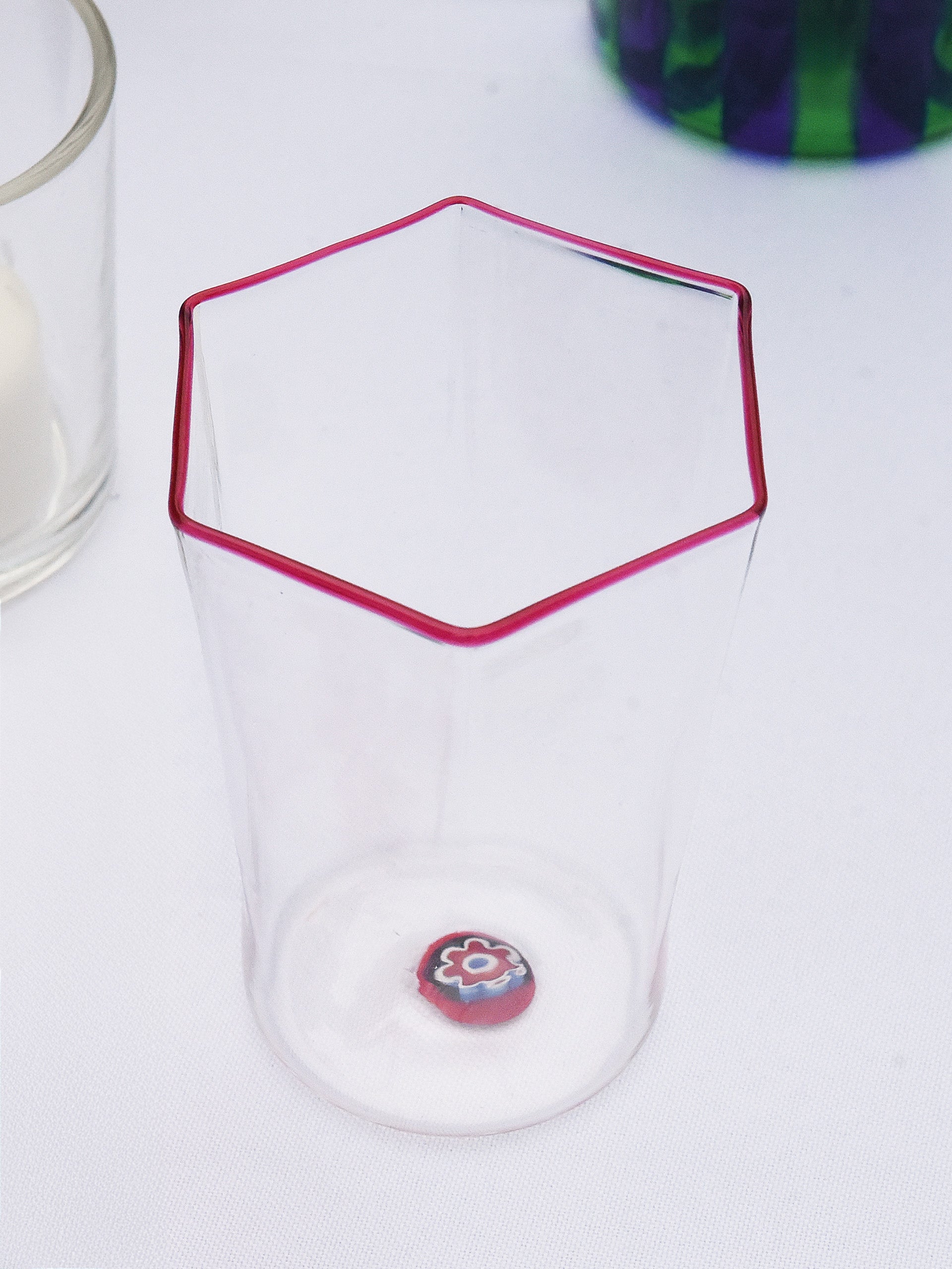 J.McLaughlin Hexagonal Glass in Murrina Ruby Red Rim made with glass. 