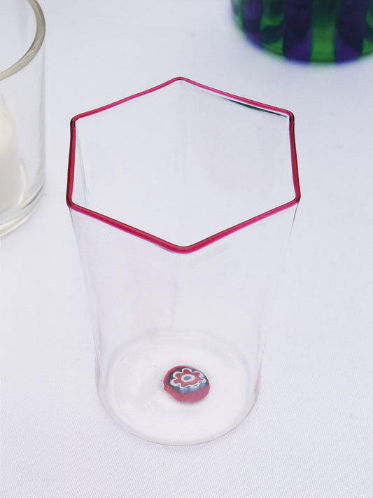 J.McLaughlin Hexagonal Glass in Murrina Ruby Red Rim made with glass. 