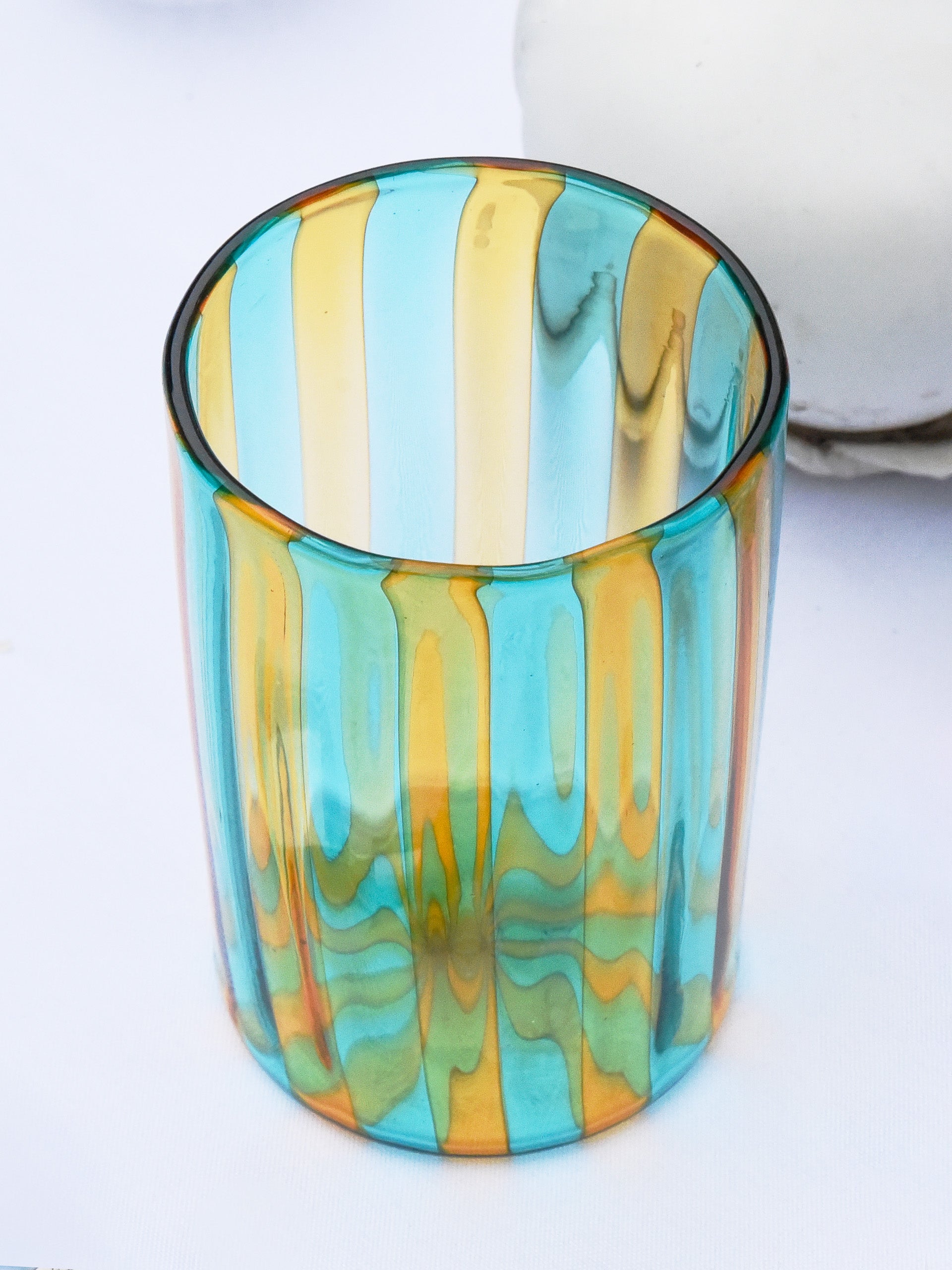 J.McLaughlin Striped Tumblers in topaz green made with glass. 